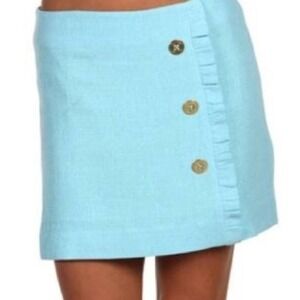 Lilly Pulitzer Blue Tweed Mini‎ Skirt Gold Logo Buttons Ruffle Trim Size 0